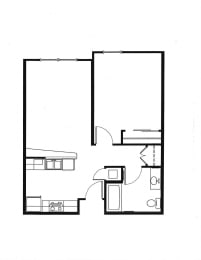 1 bedroom 1 bath type 2 2D floorplan, Jazz District Apartments, Kansas City, MO