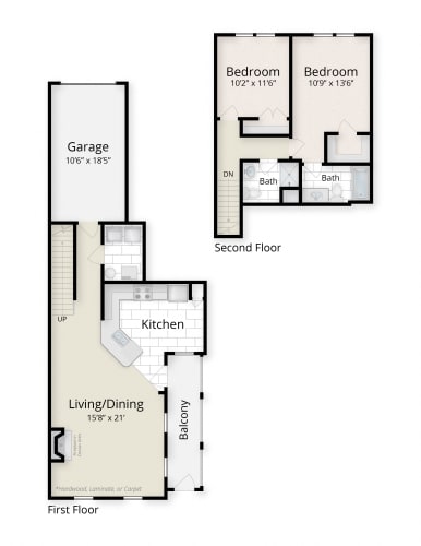 Floor Plan  two bedroom floor plan with garage at The Residences at King Farm, Rockville, MD