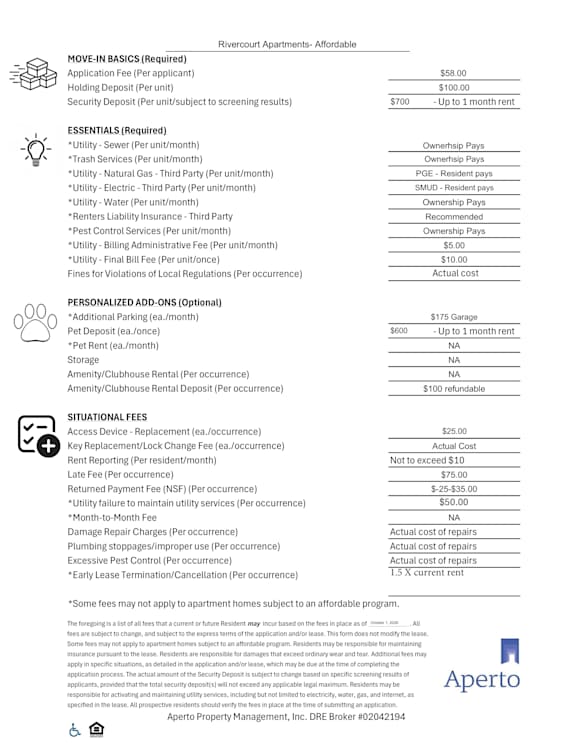 A document outlining various fees and payments for an apartment rental agreement.