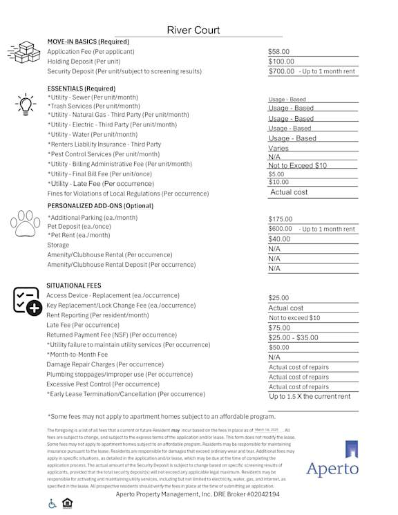 A document detailing various fees and costs associated with a River Court apartment rental.
