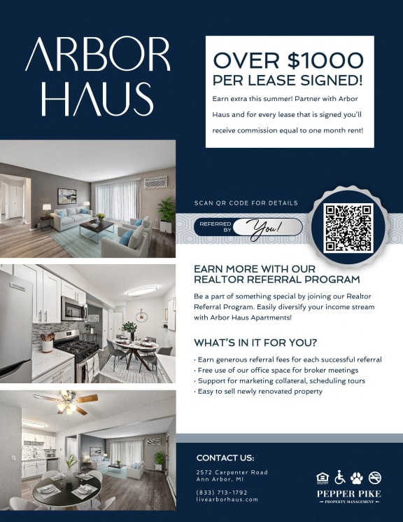 a flyer for an apartment lease sale with a photo of a living room and kitchen