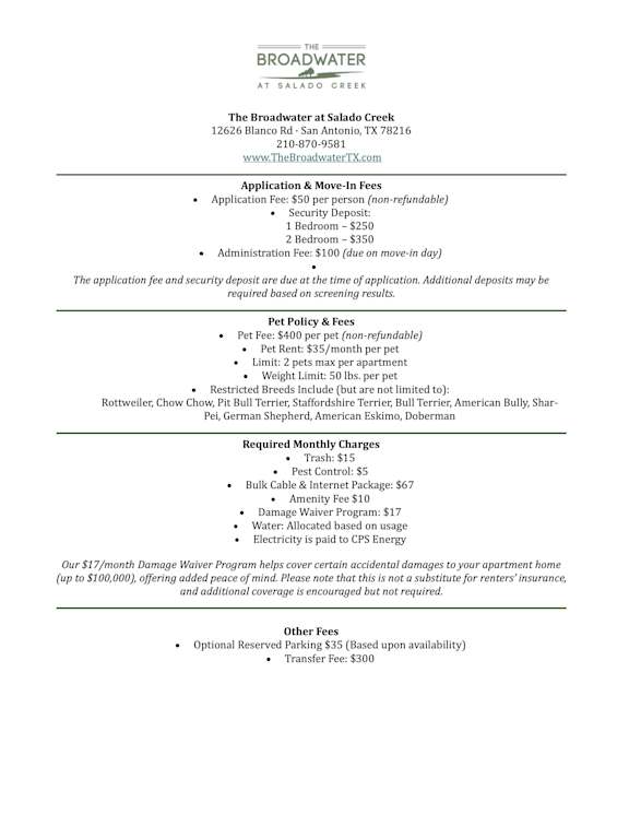 A document from The Broadwater at Salado Creek outlines various fees and policies for renters.