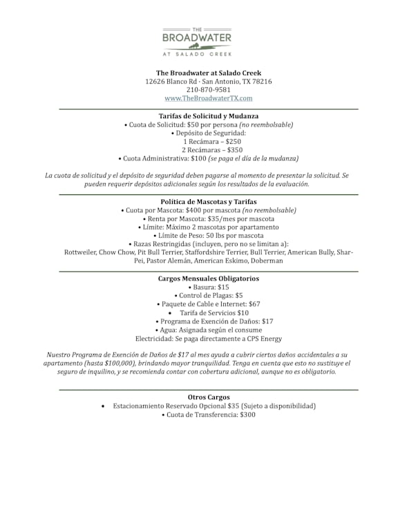 A document detailing the fees for The Broadwater at Salado Creek.
