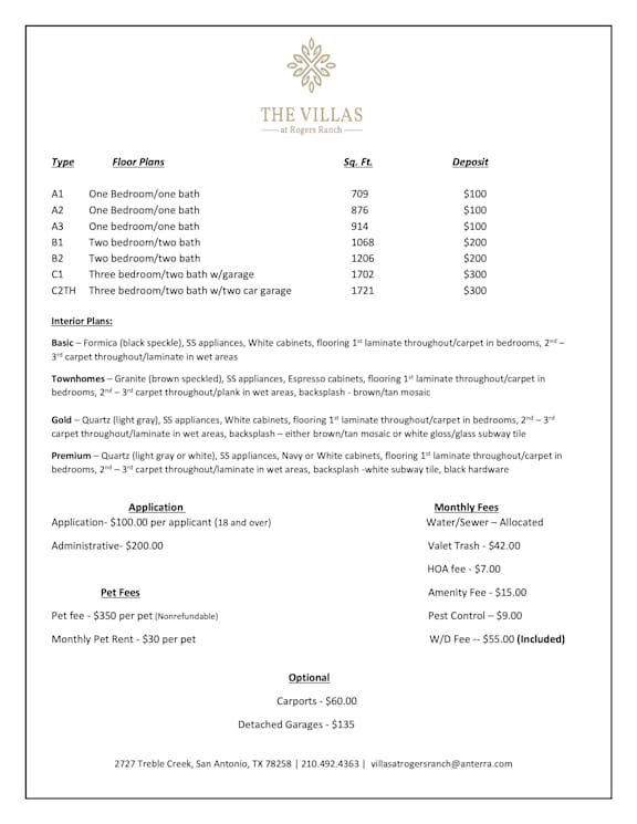 A flyer for The Villas at Riverside in San Antonio, Texas.