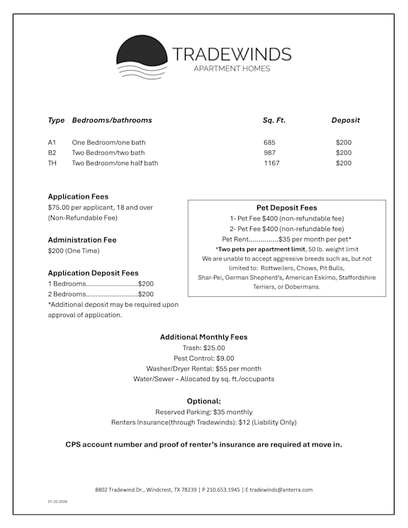 A document from Tradewinds Apartment Homes detailing fees for apartments.