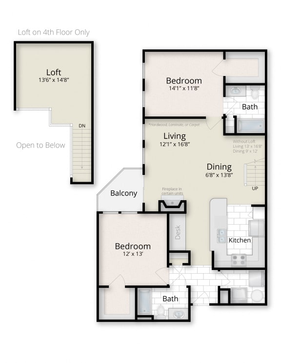 two bedroom floor plan at The Residences at King Farm, Maryland, 20850
