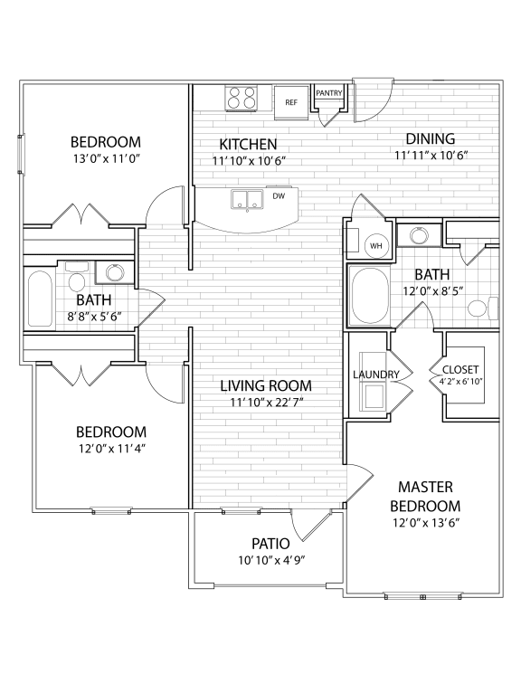 three bedroom apartment floor plan layout