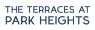 The image shows a poster with the title "THE TERRACES AT PARK HEIGHTS" in large white text on a black background.