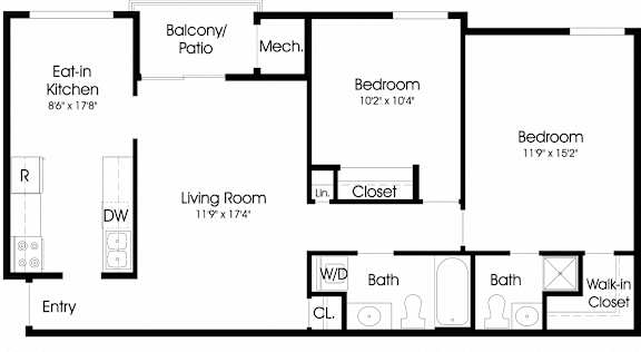 Renovated 2 Bedroom Floor Plan at The Apartments at Canterbury, Maryland, 21237