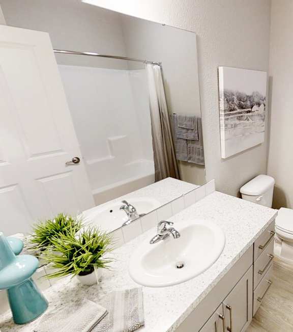 A bathroom with a toilet, sink, and mirror.