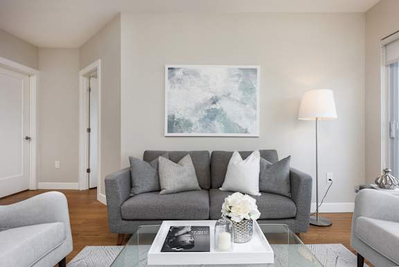 a living room with a gray couch and a coffee table