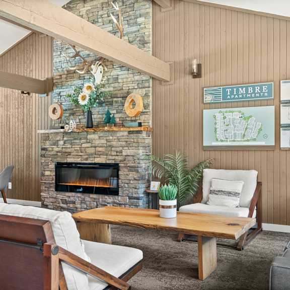 Modern Living Area with Stone Fireplace at Timbre Apartments, Lakewood, 98499