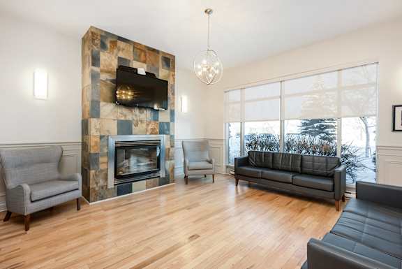 a living room with leather furniture and a fireplace