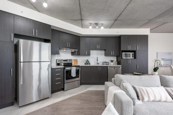 a kitchen and living room with stainless steel appliances and gray cabinets