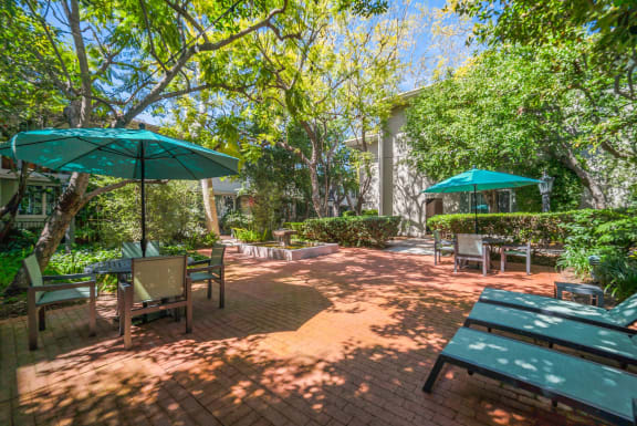 a patio with benches and umbrellas and trees at Sunset Barrington Gardens, Los Angeles, CA
