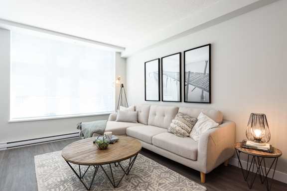 a living room with a couch and a coffee table