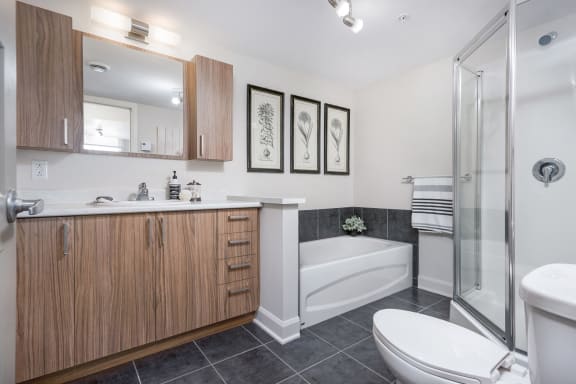 a bathroom with a toilet sink and tub and a shower