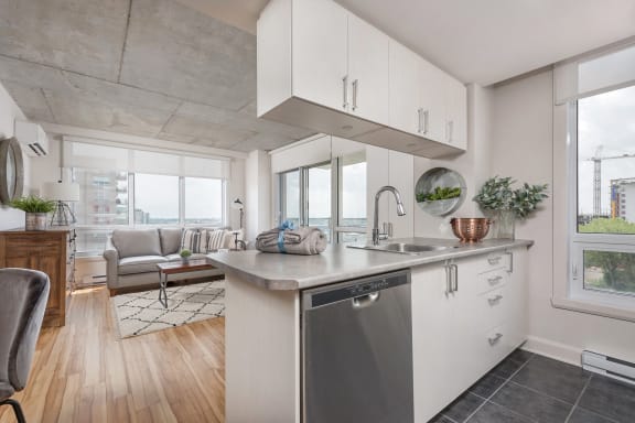 a kitchen with a sink and a dishwasher and a living room with a couch