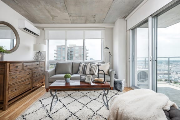a living room with a couch and a coffee table