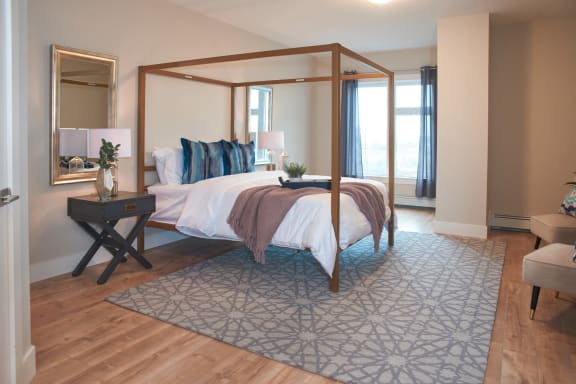 a bedroom with a canopy bed and a rug