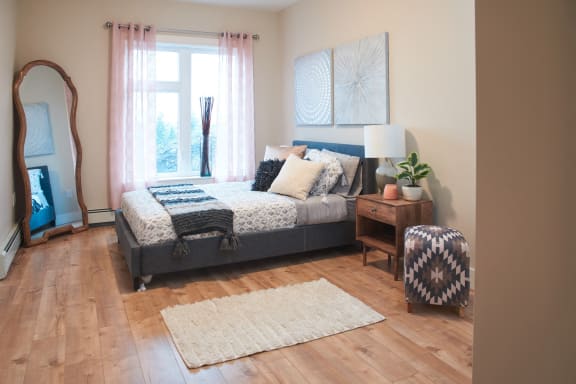 a bedroom with a bed and a dresser and a window