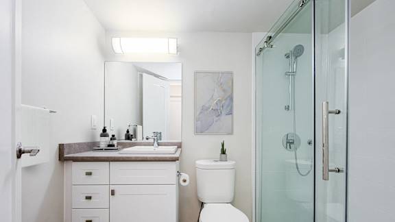 a white bathroom with a shower toilet and sink