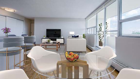 a living room with white chairs and a glass table