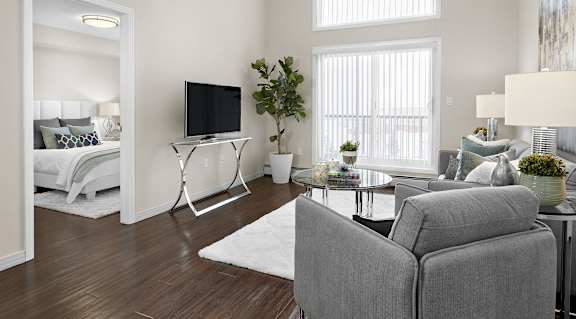 A living room with a grey couch and a television.