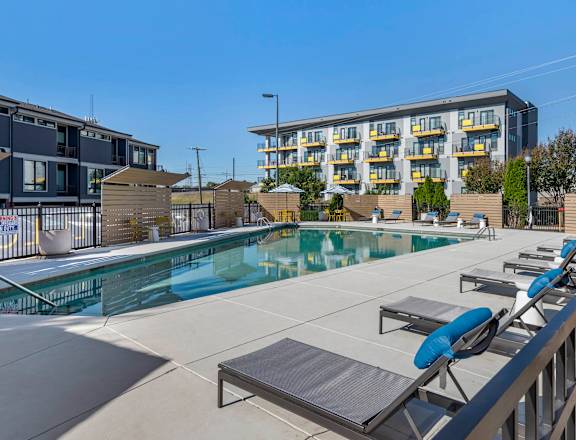the swimming pool at our apartments at Highland Mill Lofts in Charlotte, 28205