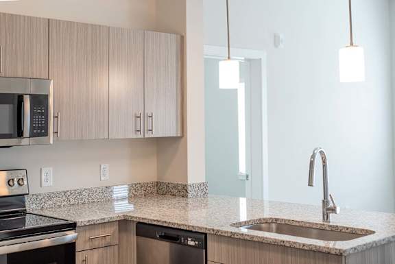 A modern kitchen with a stainless steel dishwasher and microwave.