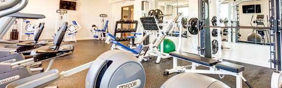 A gym with a variety of equipment including a Precor machine.