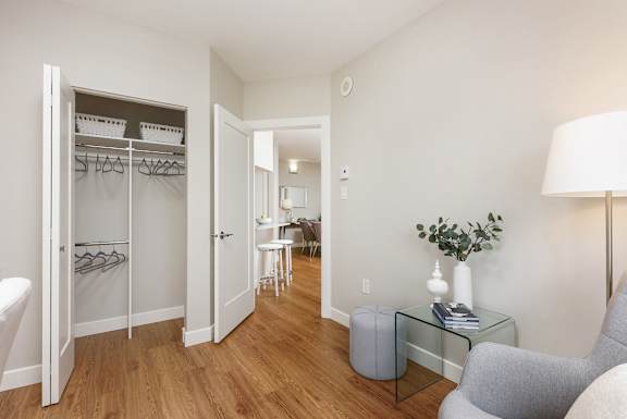a living room with a couch and a glass table and a closet