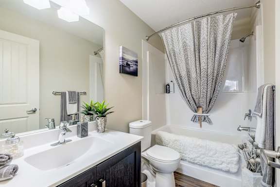 a bathroom with a sink toilet and tub and a mirror