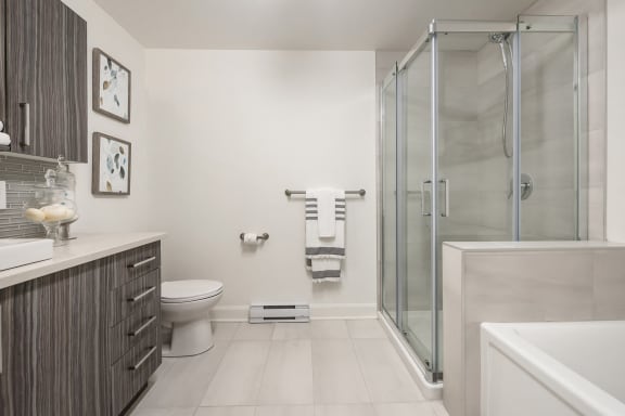 a bathroom with a shower and a toilet and a sink