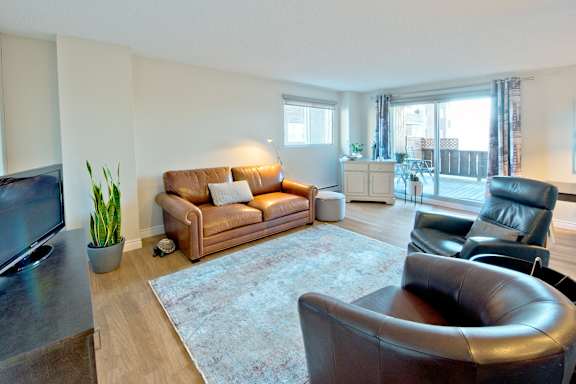 A living room with a brown couch and a blue rug.