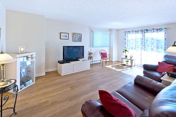 A living room with a brown leather couch and a television.