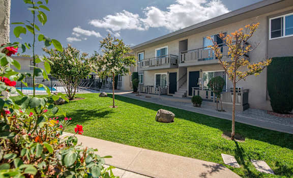 Landscaped lawn at Monterey Manor Apartments, California