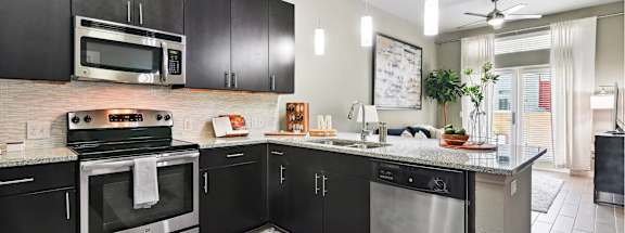 A modern kitchen with black cabinets and stainless steel appliances.