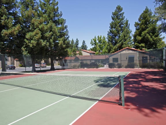 a tennis court with trees and buildings in the background at Valley Plaza Villages, Pleasanton, 94566