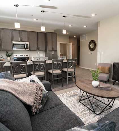 A modern living room with a grey couch and a coffee table.