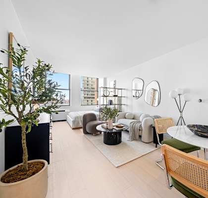 A living room with a tree in a pot, a white table, and a chair at One West, New York, New York.