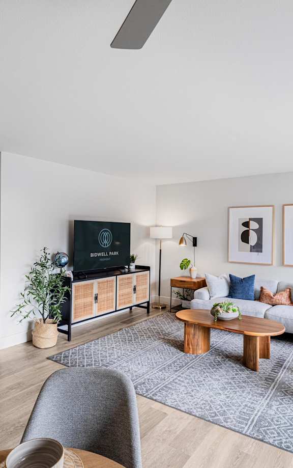 A modern living room with a grey sofa, a wooden coffee table, and a grey chair.