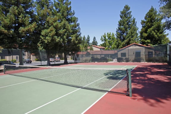 a tennis court with trees and buildings in the background at Valley Plaza Villages, Pleasanton, 94566