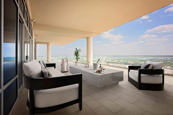 Private balcony with sitting area at The Heights at Park Lane, Dallas, TX, Texas