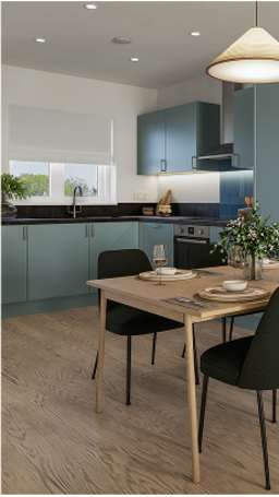 A modern kitchen with a dining table set for two.at Penny Green Apartments, St Neots, WINTRINGHAM, PE19 0AJ