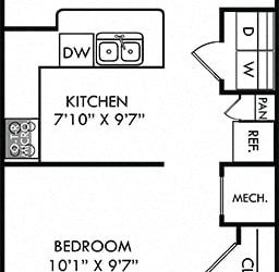 The Cash. Studio apartment. Kitchen with bartop open to living room. 1 full bathroom.