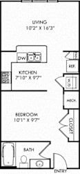 The Autry. Studio apartment. Kitchen with bartop open to living room. 1 full bathroom.