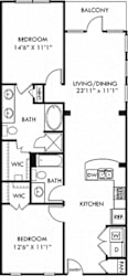 Woodland 2 bedroom apartment. Kitchen with bartop open to living & dining rooms. 2 full bathrooms, double vanity and shower stall in master. Walk-in closet in both bedrooms. Patio/balcony.