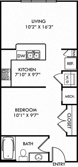 The Autry. Studio apartment. Kitchen with bartop open to living room. 1 full bathroom.