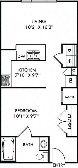 The Cash. Studio apartment. Kitchen with bartop open to living room. 1 full bathroom.